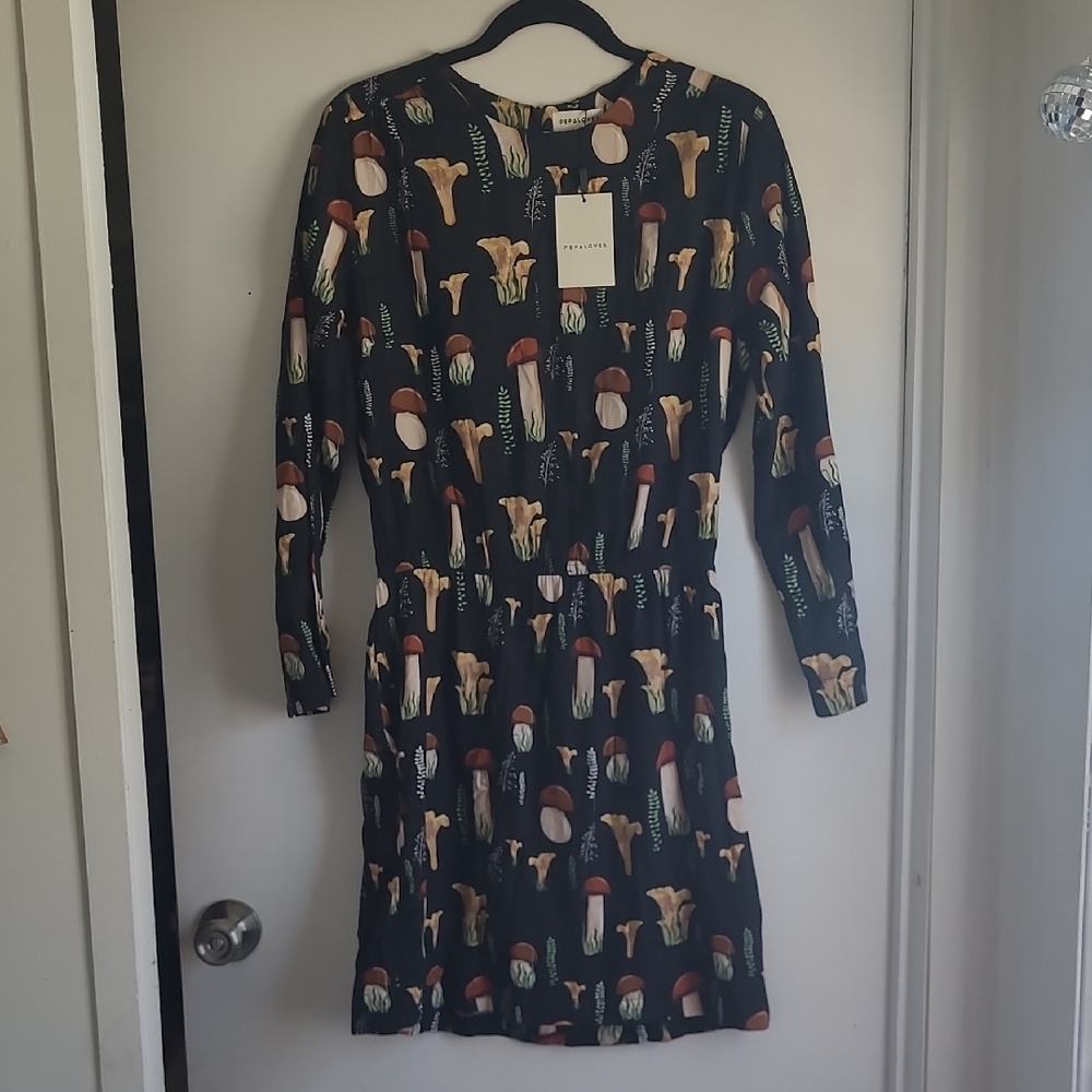 Black Mushroom Print Long Sleeve Mini Dress
